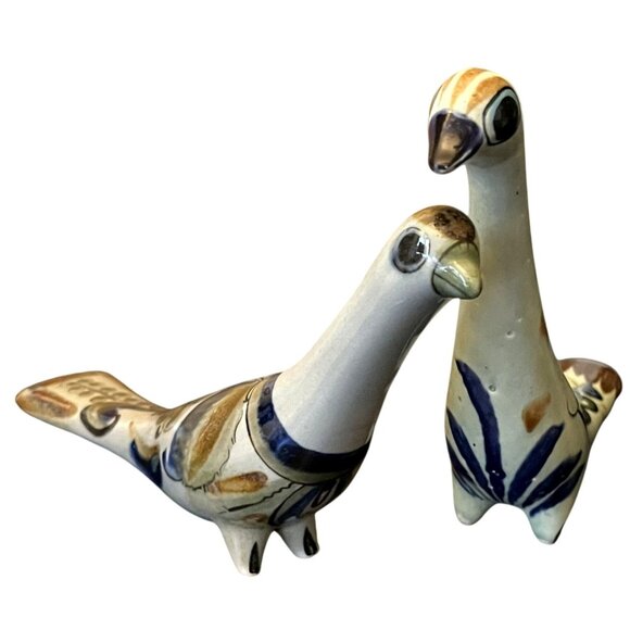 Vintage Tonala Pottery Pair Peacocks Handmade Signed Mexican Folk Art - Picture 1 of 16